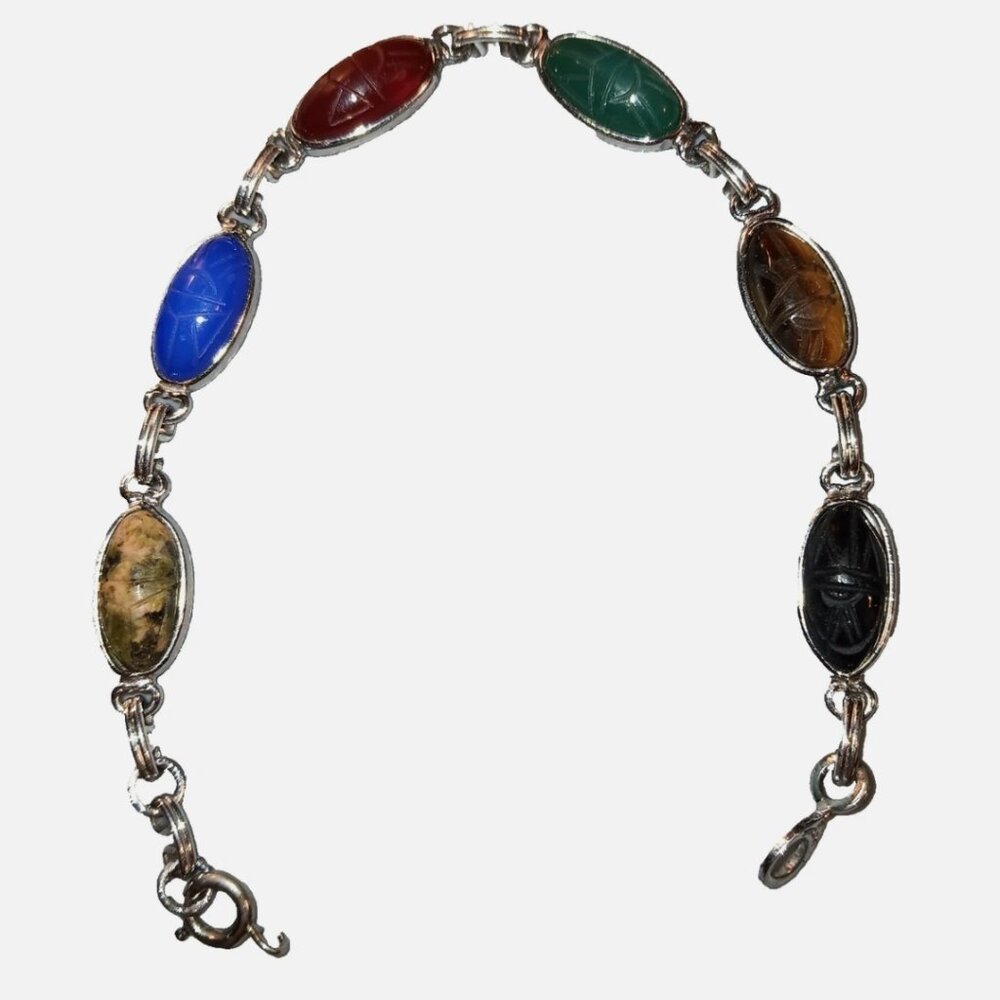 Genuine Vintage Scarab Bracelet, Unakite, Tiger's Eye, Lapis Lazuli, Onyx